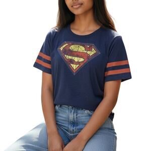 DC Comics Superman Glitter Logo T Shirt Junior XL Blue Red Striped Sleeves